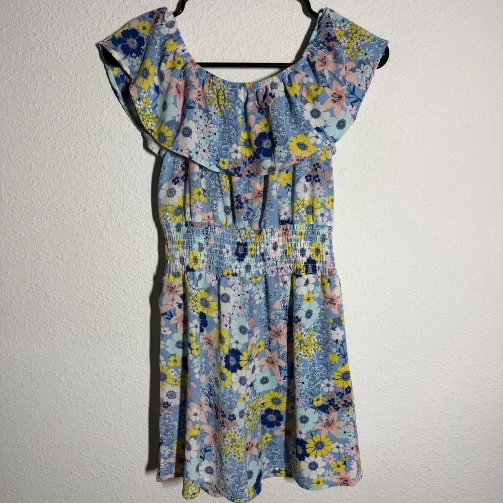 Knit Works Romper Girls 12 Blue Floral Ruffle Smocked Off The Shoulder One Piece